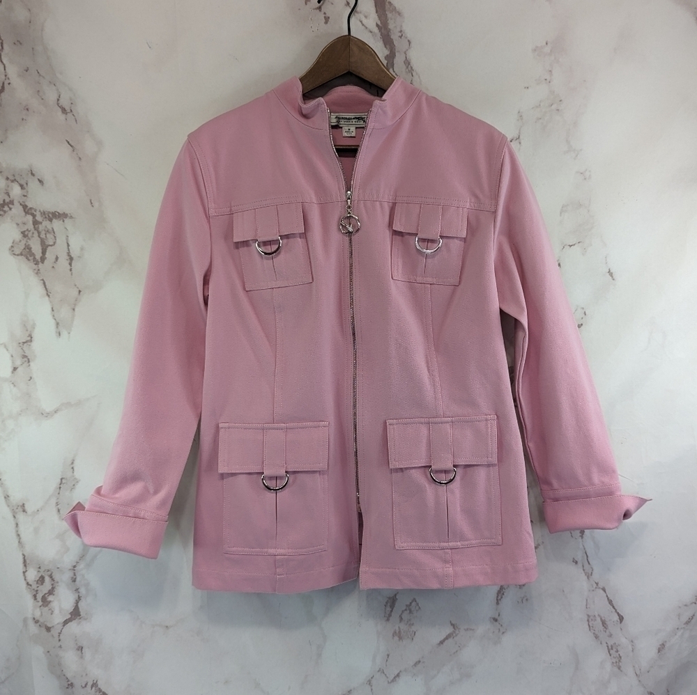 St John Jacket Womens Medium 8 10 Pink Zip Pocket Flip Cuff Bubblegum Light